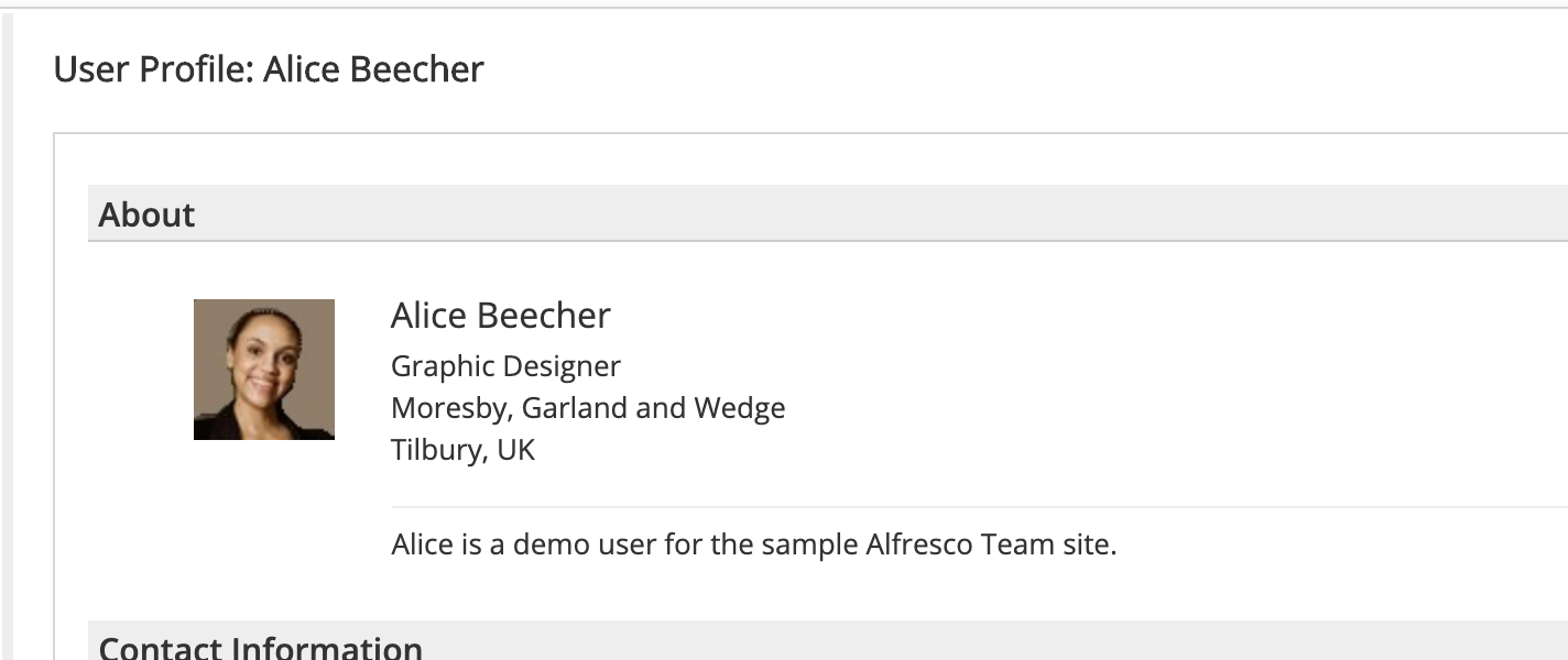 Screenshot of demo user "Alice Beecher", the user I am trying to find in the Add Site page.